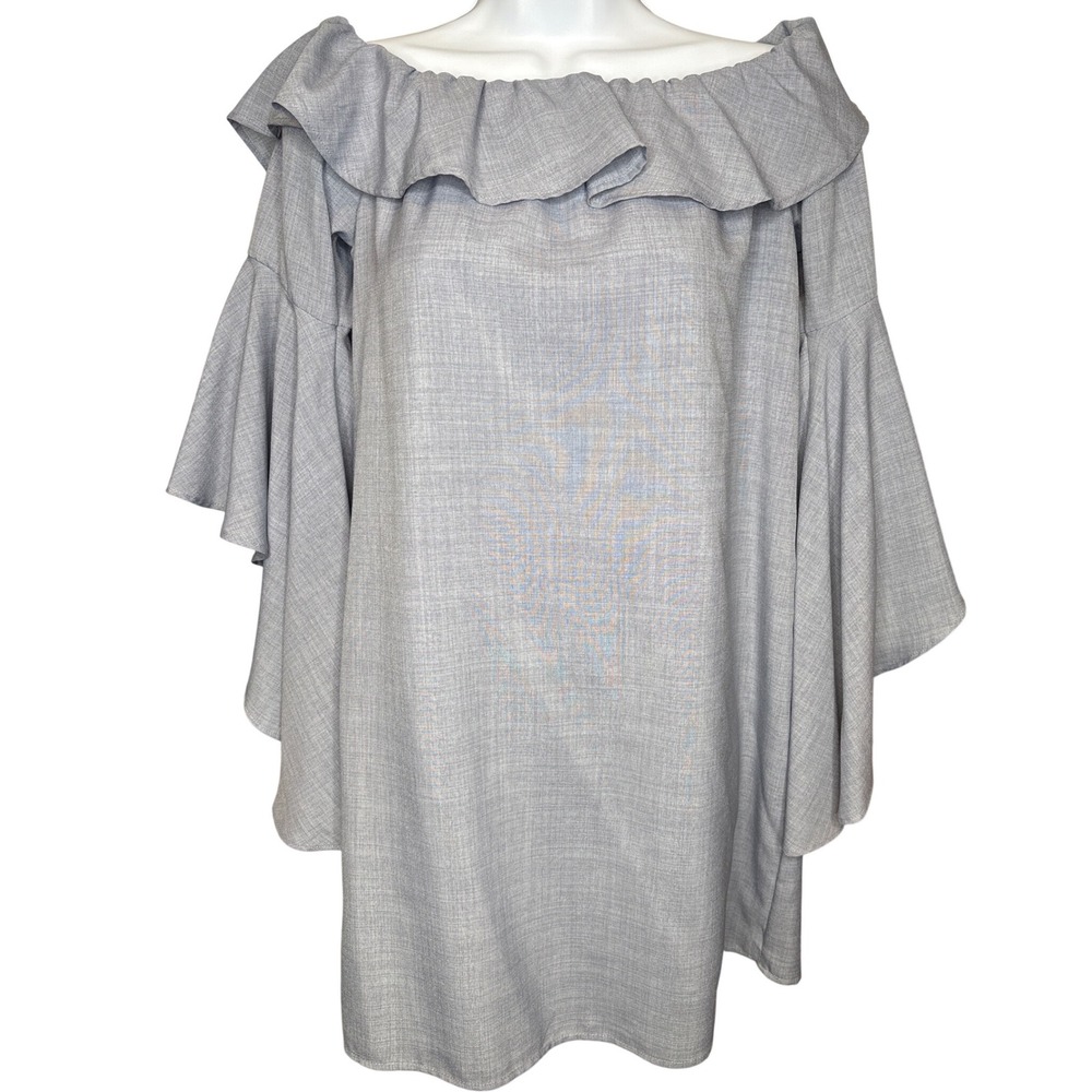 WAYF Women Grey Off Shoulder Tunic Top M Excellent Ruffle Tiered Bell Sleeve